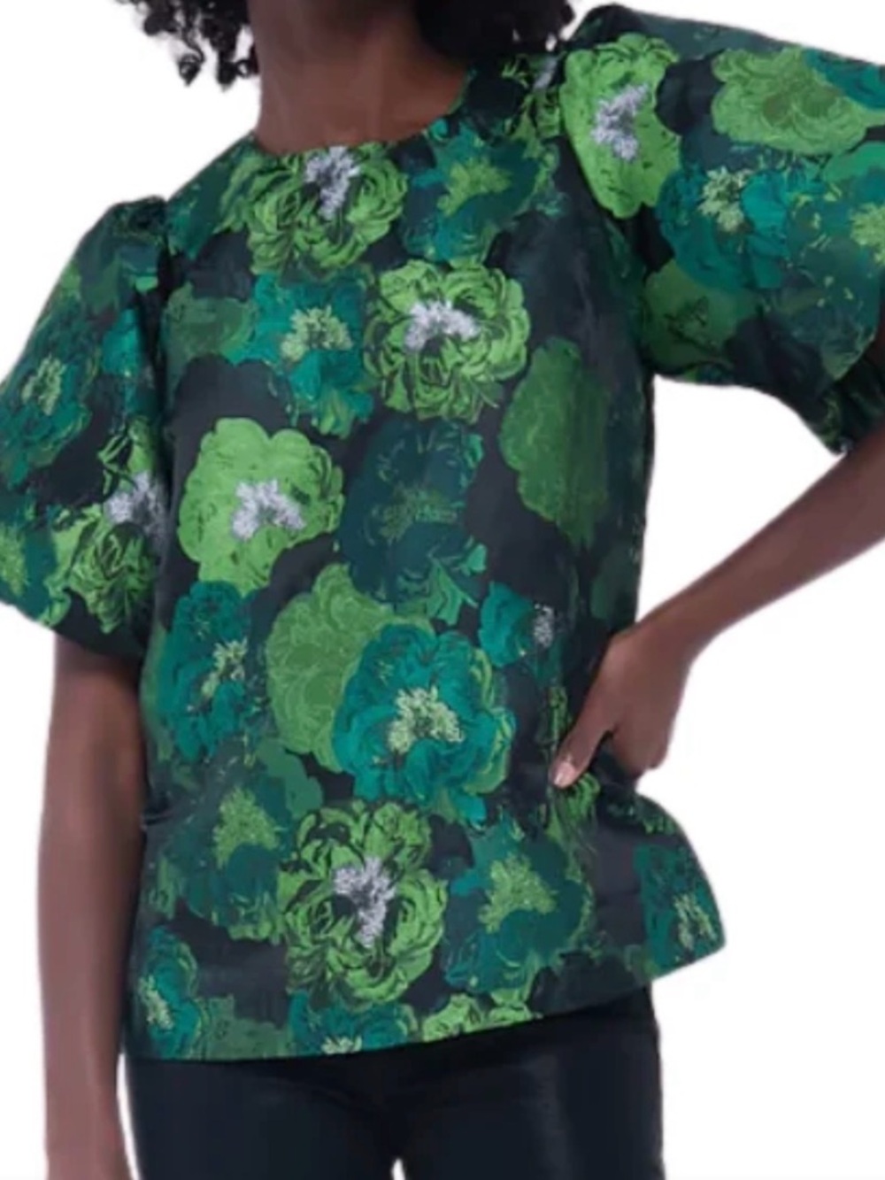 Tuckernuck Lyla Blouse Emerald Magnolia Floral Jacquard Puff Sleeves Size XS